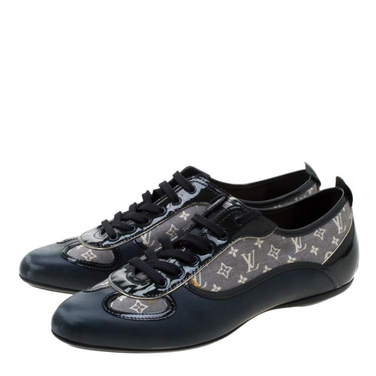 Pre Owned Louis Vuitton Blue Leather And Grey Monogram Canvas Lace Up Sneakers Size 38.5