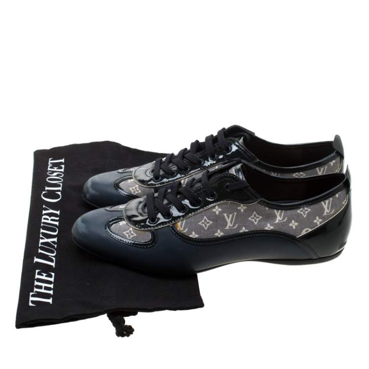 Pre Owned Louis Vuitton Blue Leather And Grey Monogram Canvas Lace Up Sneakers Size 38.5