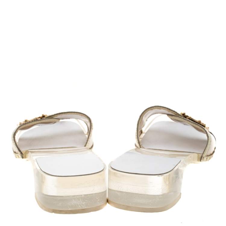 Pre Owned Louis Vuitton White/Transparent Acrylic and Leather Trim Buckle Sandals Size 38.5