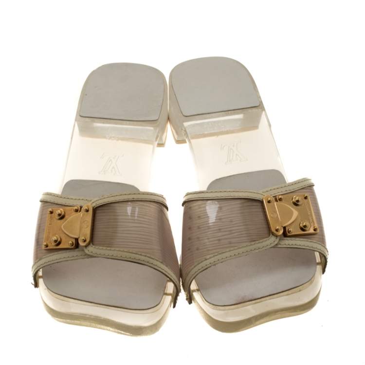 Pre Owned Louis Vuitton White/Transparent Acrylic and Leather Trim Buckle Sandals Size 38.5