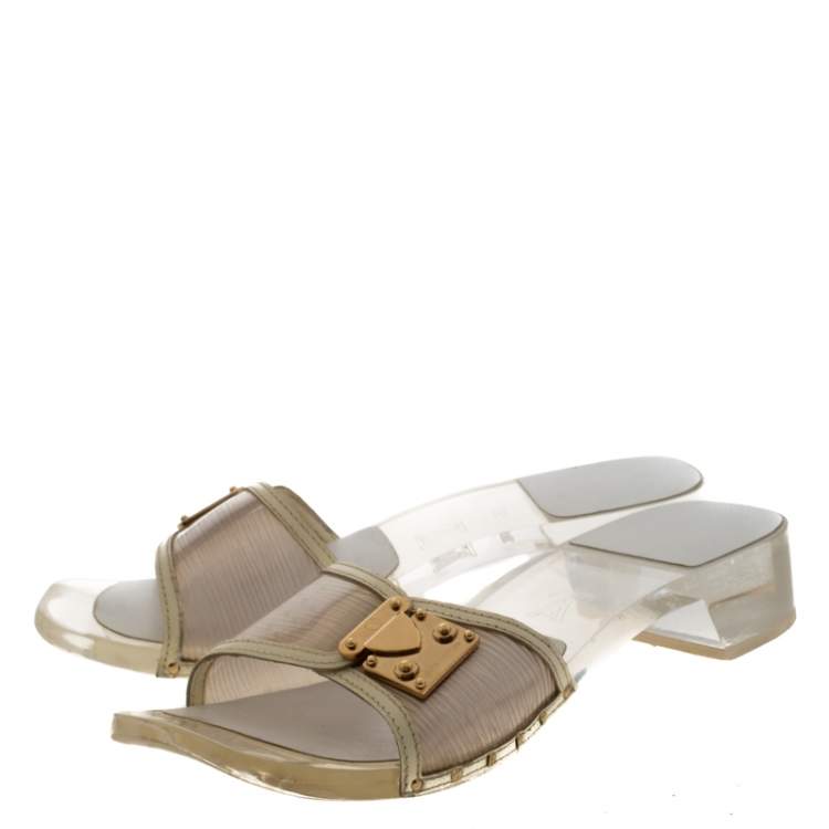 Pre Owned Louis Vuitton White/Transparent Acrylic and Leather Trim Buckle Sandals Size 38.5