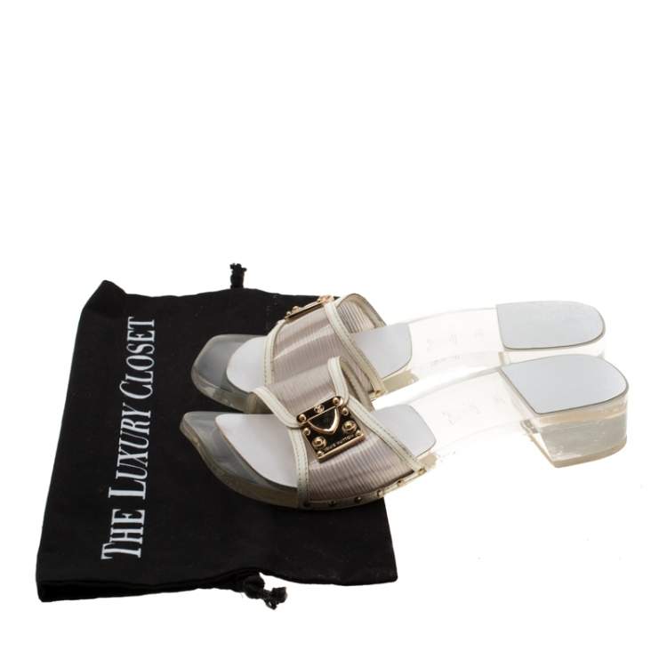 Pre Owned Louis Vuitton White/Transparent Acrylic and Leather Trim Buckle Sandals Size 38.5