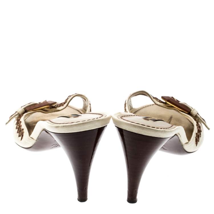 Pre Owned Louis Vuitton White Leather Buckle Kitten Heels Sandals Size 37.5