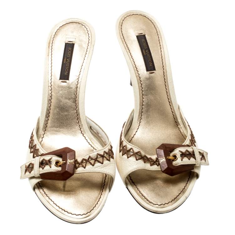 Pre Owned Louis Vuitton White Leather Buckle Kitten Heels Sandals Size 37.5