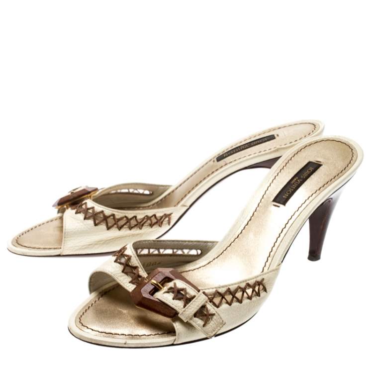 Pre Owned Louis Vuitton White Leather Buckle Kitten Heels Sandals Size 37.5