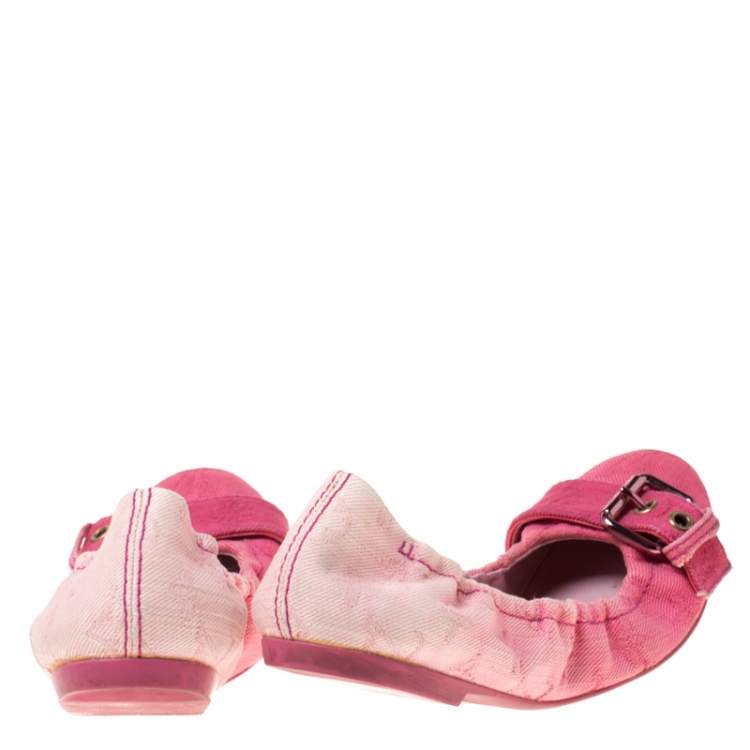 Pre Owned Louis Vuitton Pink Denim Buckle Scrunch Ballet Flats Size 37.5