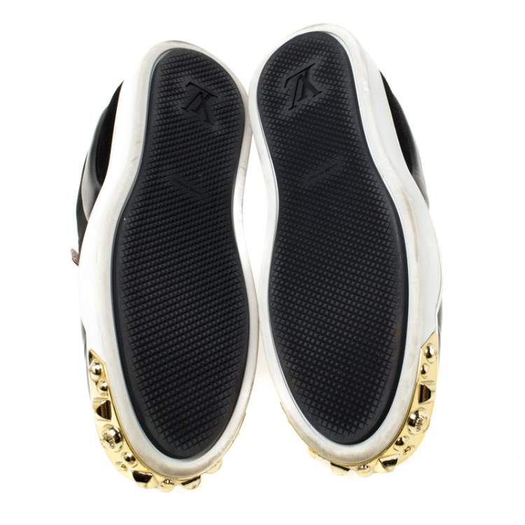 Pre Owned Louis Vuitton Black Patent Leather and Suede Studded Slip On Sneakers Size 36.5