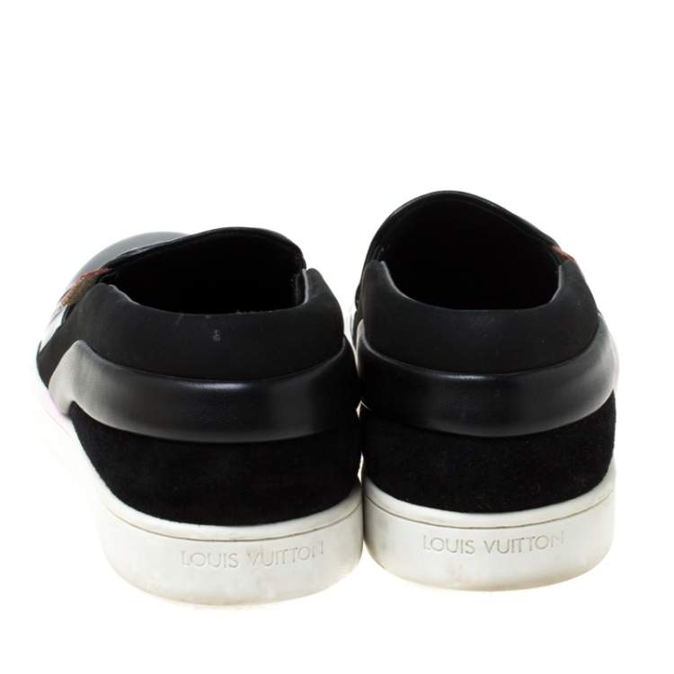 Pre Owned Louis Vuitton Black Patent Leather and Suede Studded Slip On Sneakers Size 36.5