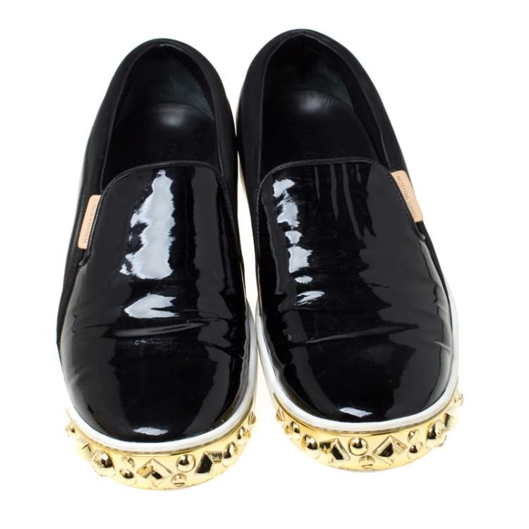 Pre Owned Louis Vuitton Black Patent Leather and Suede Studded Slip On Sneakers Size 36.5
