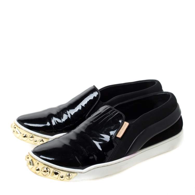 Pre Owned Louis Vuitton Black Patent Leather and Suede Studded Slip On Sneakers Size 36.5
