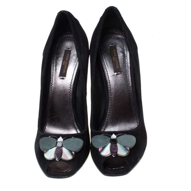 Pre Owned Louis Vuitton Black Suede Butterfly Peep Toe Wedge Pumps Size 38.5 