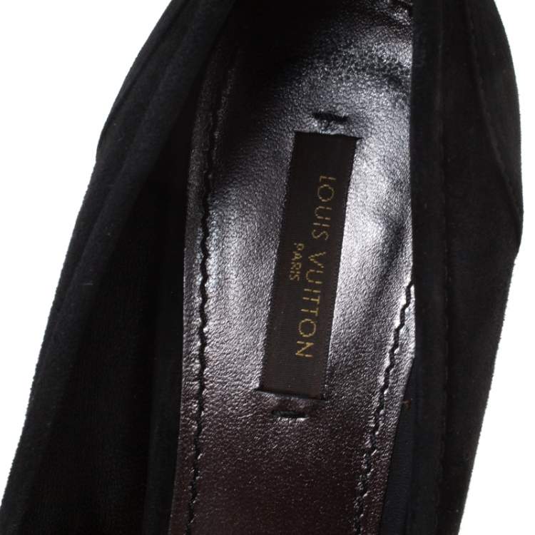 Pre Owned Louis Vuitton Black Suede Butterfly Peep Toe Wedge Pumps Size 38.5 