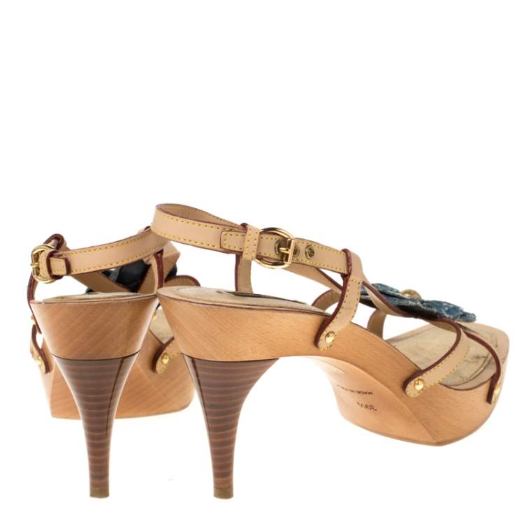 Pre Owned Louis Vuitton Beige/Blue Monogram Denim Floral Platform Strappy Sandals Size 39.5