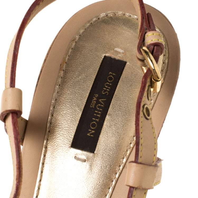Pre Owned Louis Vuitton Beige/Blue Monogram Denim Floral Platform Strappy Sandals Size 39.5