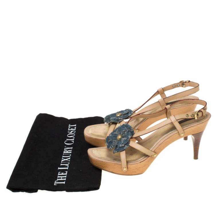 Pre Owned Louis Vuitton Beige/Blue Monogram Denim Floral Platform Strappy Sandals Size 39.5