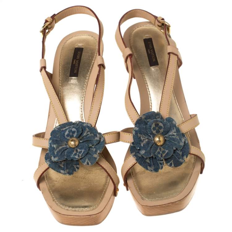 Pre Owned Louis Vuitton Beige/Blue Monogram Denim Floral Platform Strappy Sandals Size 39.5