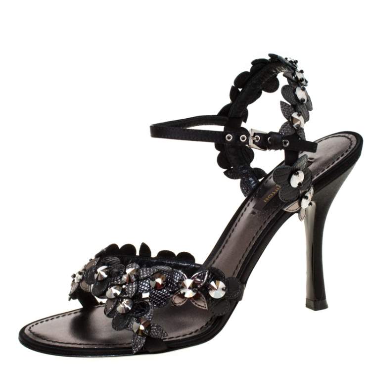 Louis Vuitton Satin and Leather Flower Applique Strap Sandals Size