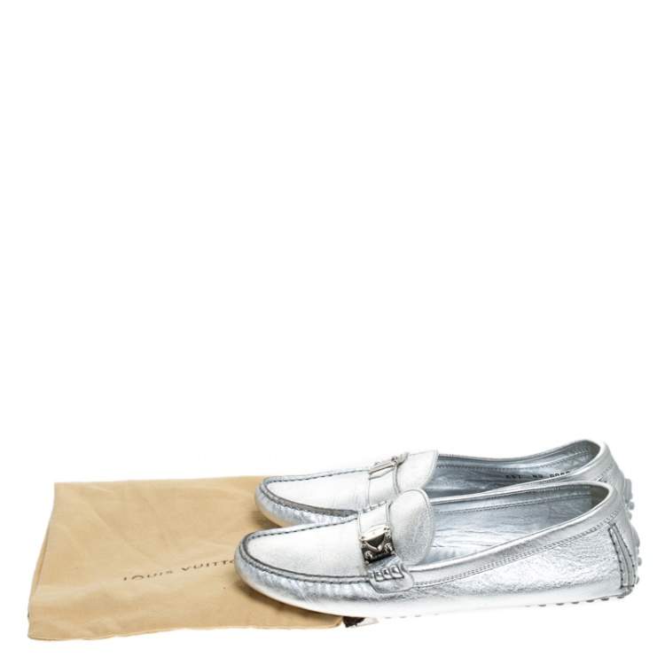 Pre Owned Louis Vuitton Metallic Silver Leather Lombok Loafers Size 37