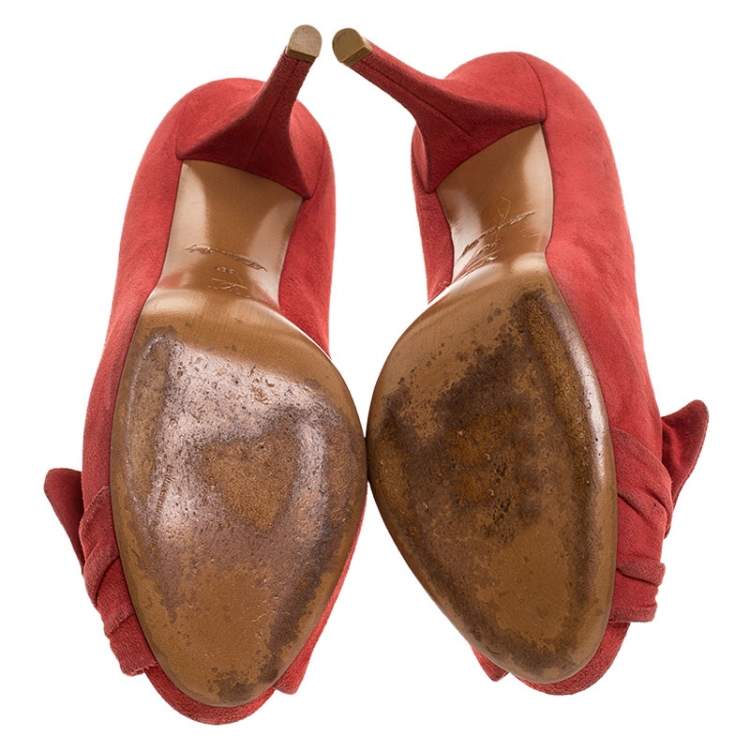 Pre Owned Louis Vuitton Red Suede Catania Peep Toe Platform Pumps Size 38