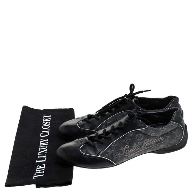 Pre Owned Louis Vuitton Black Monogram Denim and Leather Lace Tennis Sneakers Size 38.5
