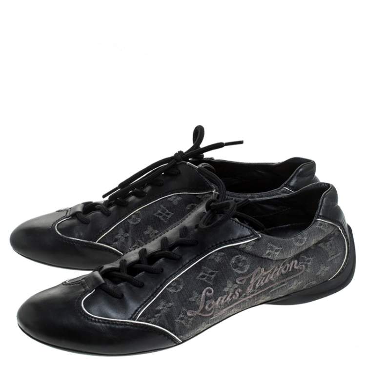 Pre Owned Louis Vuitton Black Monogram Denim and Leather Lace Tennis Sneakers Size 38.5