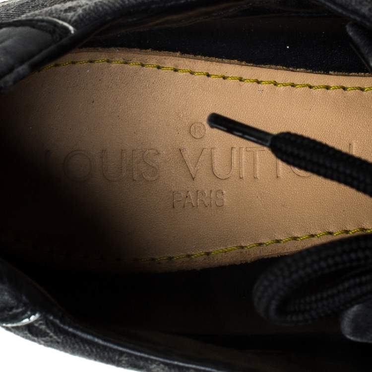 Pre Owned Louis Vuitton Black Monogram Denim and Leather Lace Tennis Sneakers Size 38.5