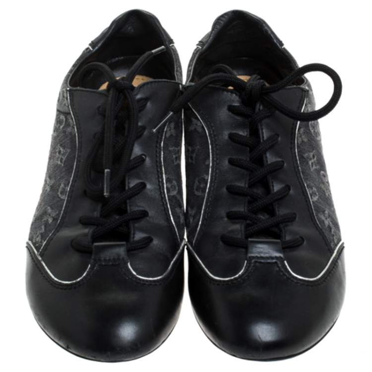 Pre Owned Louis Vuitton Black Monogram Denim and Leather Lace Tennis Sneakers Size 38.5