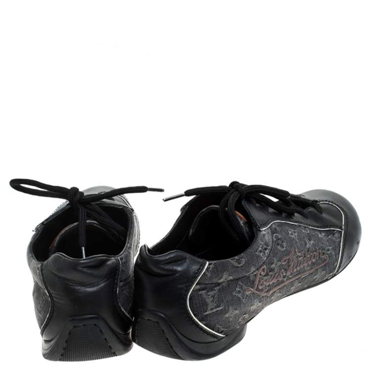 Pre Owned Louis Vuitton Black Monogram Denim and Leather Lace Tennis Sneakers Size 38.5
