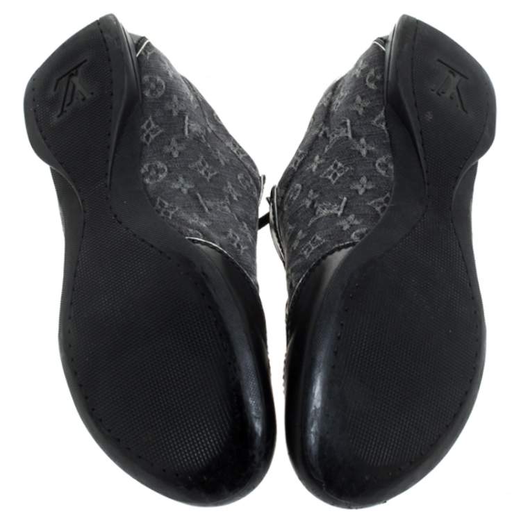 Pre Owned Louis Vuitton Black Monogram Denim and Leather Lace Tennis Sneakers Size 38.5