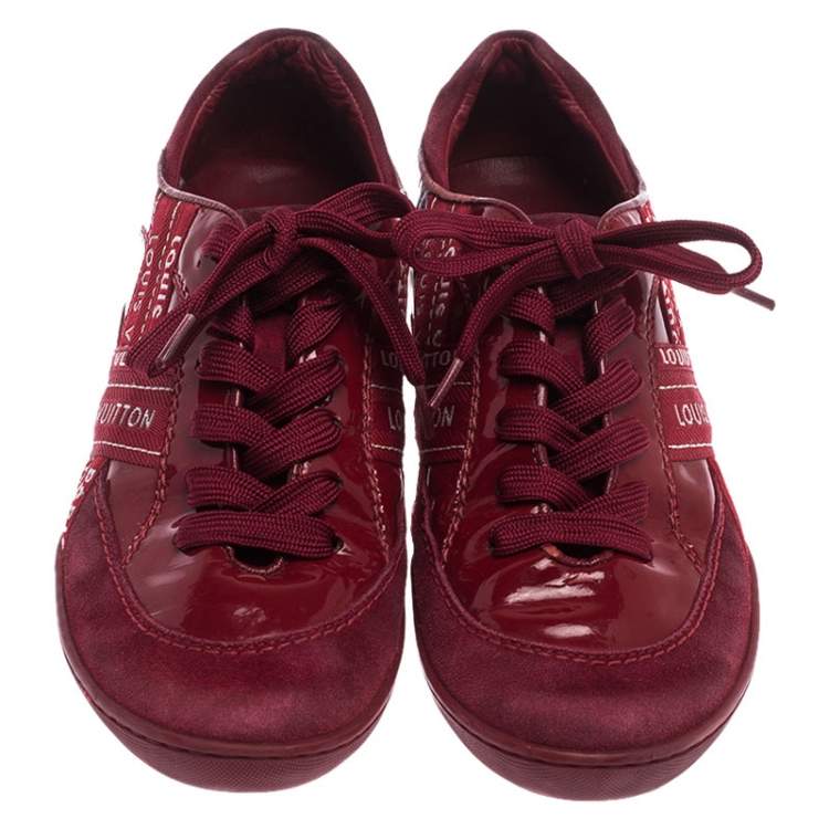 Pre Owned Louis Vuitton Red Patent Leather, Suede And Fabric Logo Sneakers Size 37