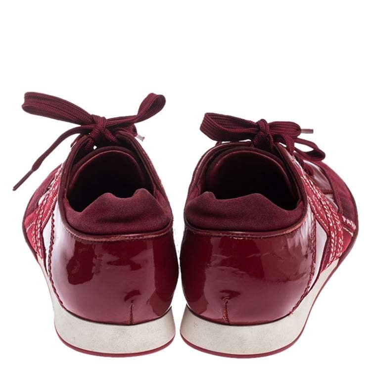 Pre Owned Louis Vuitton Red Patent Leather, Suede And Fabric Logo Sneakers Size 37