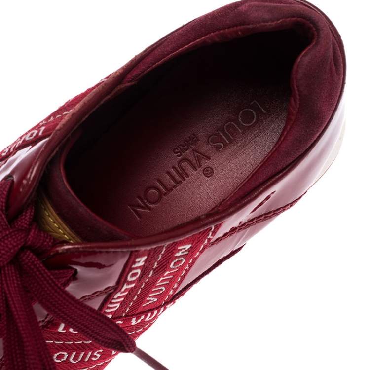Pre Owned Louis Vuitton Red Patent Leather, Suede And Fabric Logo Sneakers Size 37