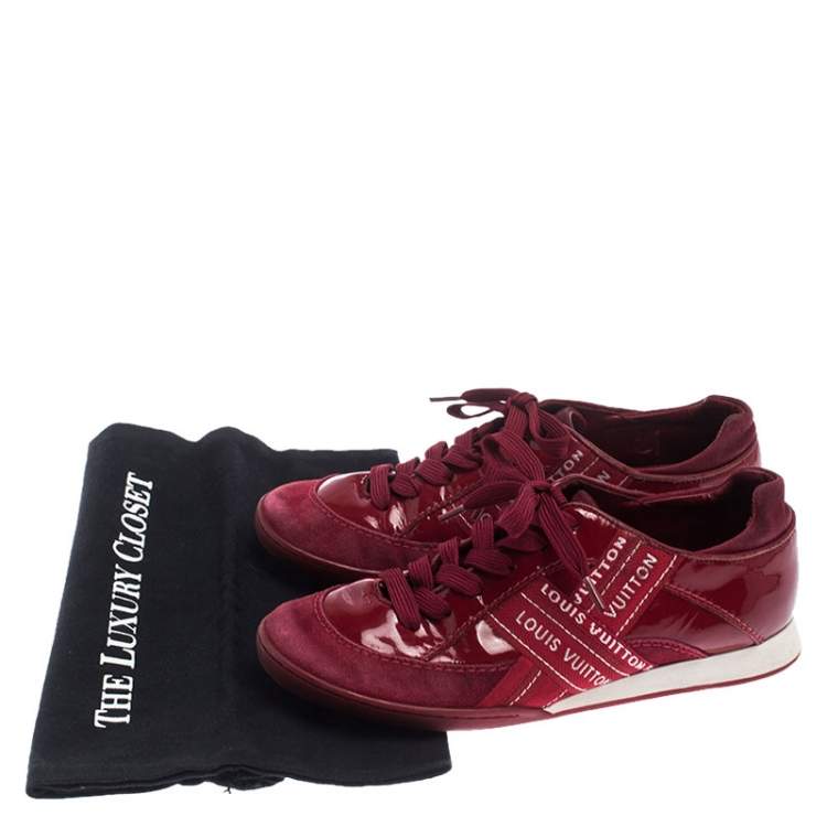 Pre Owned Louis Vuitton Red Patent Leather, Suede And Fabric Logo Sneakers Size 37