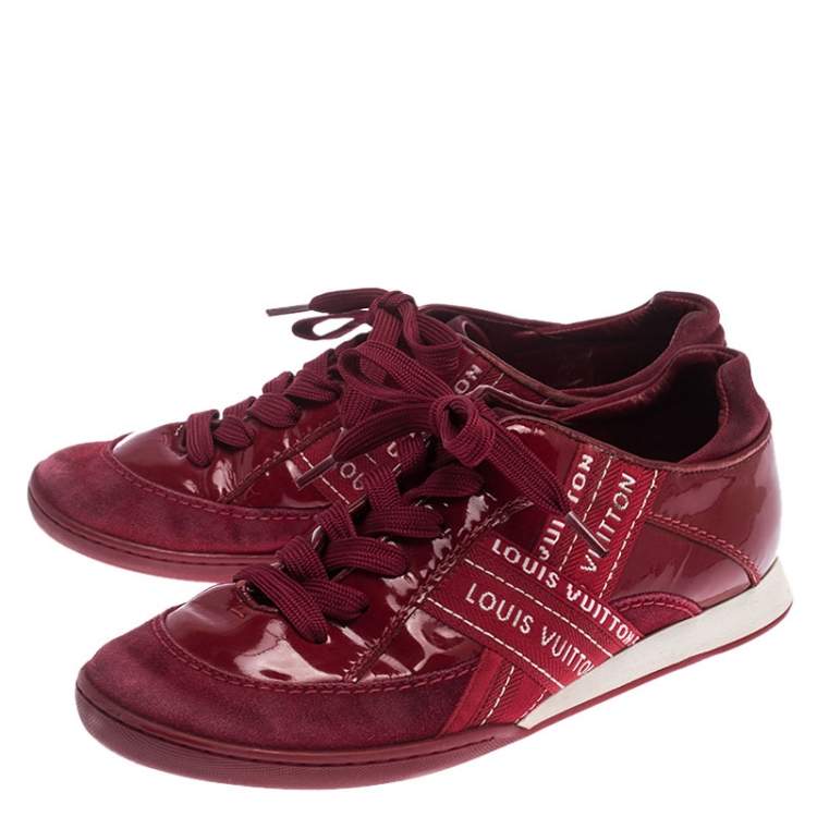 Pre Owned Louis Vuitton Red Patent Leather, Suede And Fabric Logo Sneakers Size 37