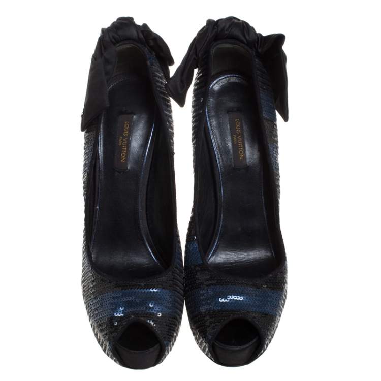 Pre Owned Louis Vuitton Blue/Black Sequin Peep Toe Platform Pumps Size 39