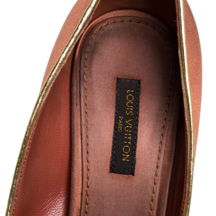 Pre Owned Louis Vuitton Bronze Satin Music Hall Open Toe Pumps Size 38