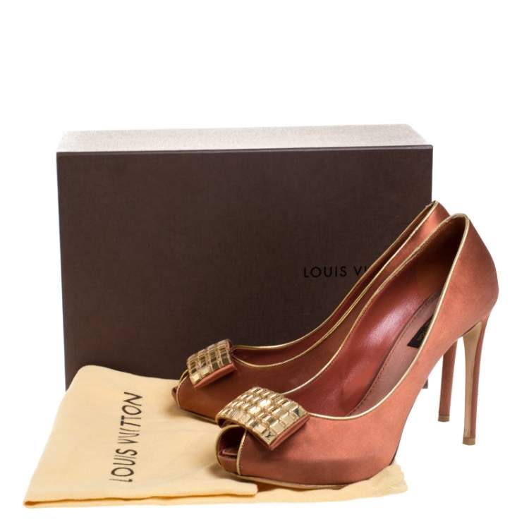 Pre Owned Louis Vuitton Bronze Satin Music Hall Open Toe Pumps Size 38