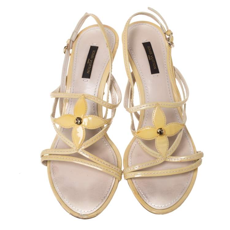 Pre Owned Louis Vuitton Pale Yellow Patent Leather Ankle Strap Sandals Size 39