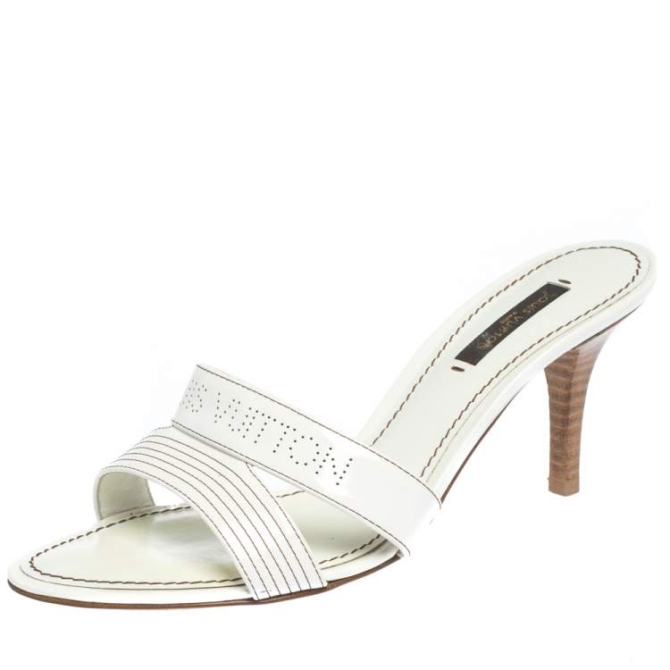 Louis Vuitton White Perforated Leather Buckle Peep Toe Block Heel