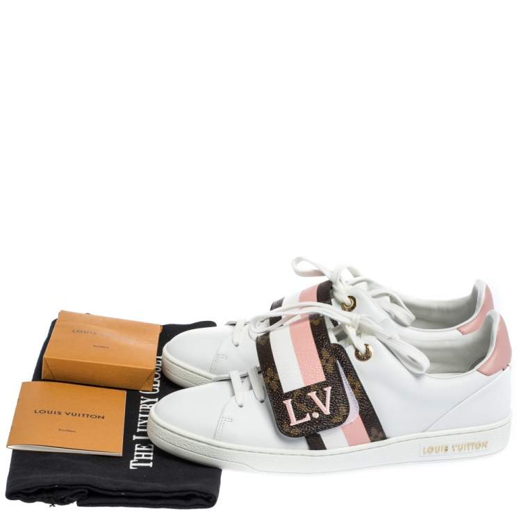 Pre Owned Louis Vuitton White Leather and Monogram Canvas Frontrow Low Top Sneakers Size 37