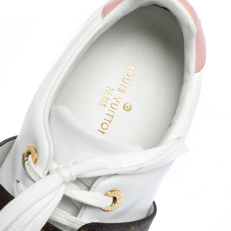 Pre Owned Louis Vuitton White Leather and Monogram Canvas Frontrow Low Top Sneakers Size 37