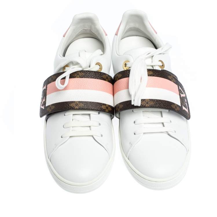 Pre Owned Louis Vuitton White Leather and Monogram Canvas Frontrow Low Top Sneakers Size 37