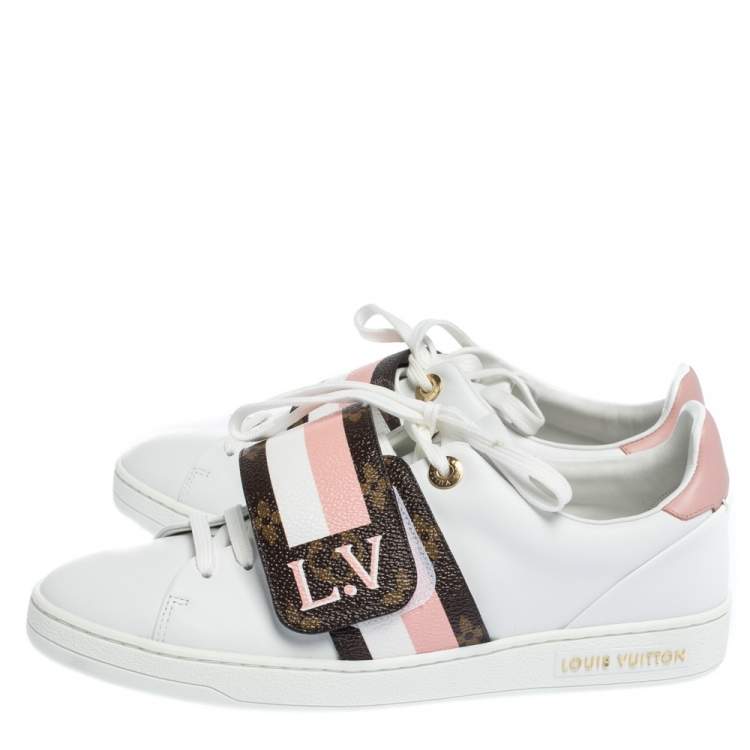 Pre Owned Louis Vuitton White Leather and Monogram Canvas Frontrow Low Top Sneakers Size 37