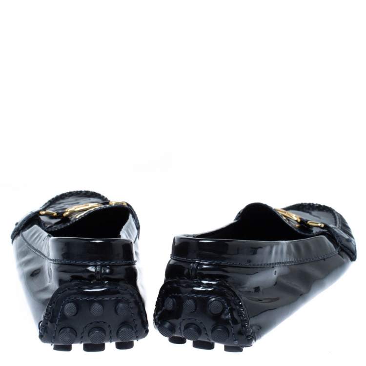 Pre Owned Louis Vuitton Black Patent Leather Logo Slip On Loafers Size 41