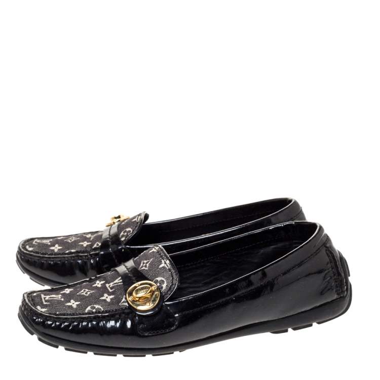 Pre Owned Louis Vuitton Black Patent And Mini Lin Monogram Canvas Loafers Size 37.5