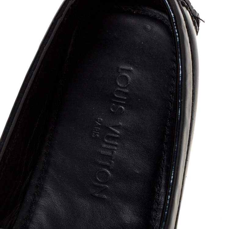 Pre Owned Louis Vuitton Black Patent And Mini Lin Monogram Canvas Loafers Size 37.5