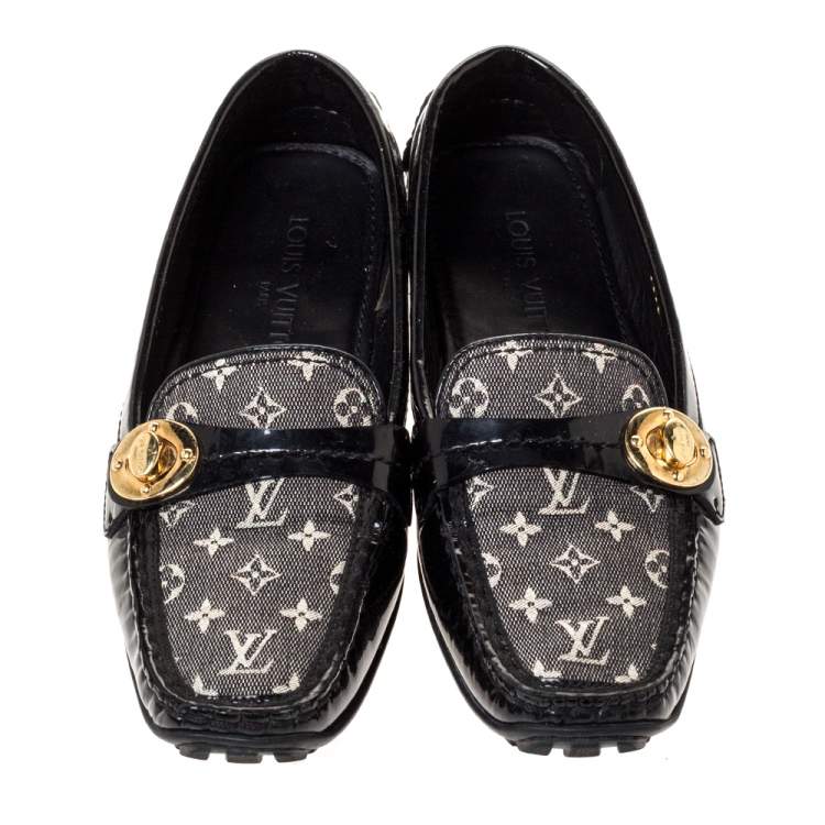 Pre Owned Louis Vuitton Black Patent And Mini Lin Monogram Canvas Loafers Size 37.5