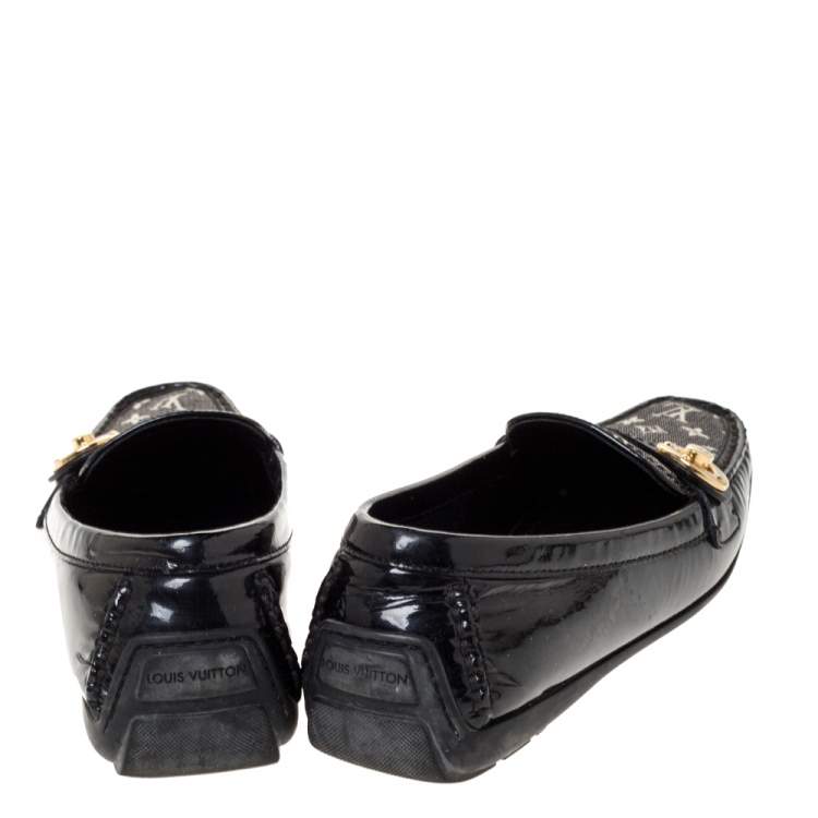 Pre Owned Louis Vuitton Black Patent And Mini Lin Monogram Canvas Loafers Size 37.5