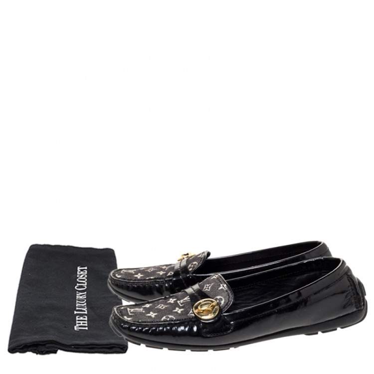 Pre Owned Louis Vuitton Black Patent And Mini Lin Monogram Canvas Loafers Size 37.5