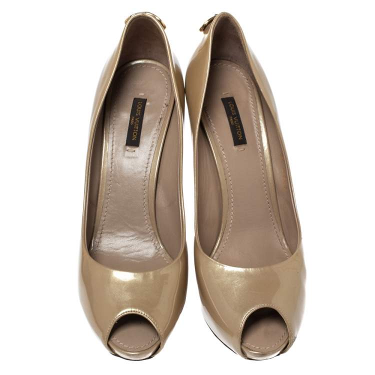 Louis Vuitton Beige Patent Leather Oh Really! Peep Toe Platform Pumps ...